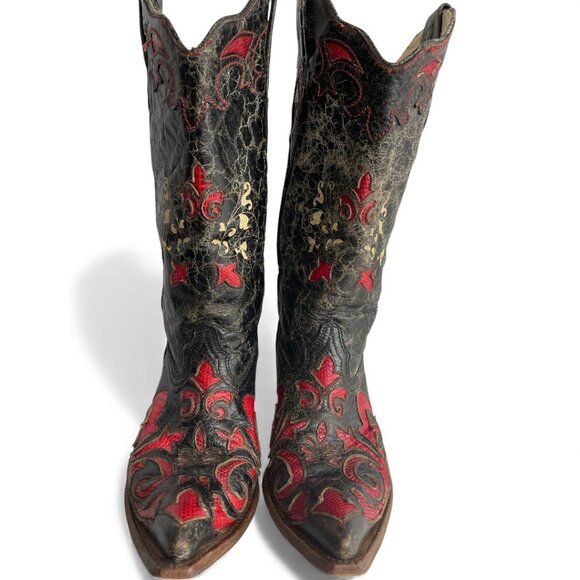 Corral Lizard Leather Western Cowgirl Black Red Boots Women's 9 - Picture 5 of 14